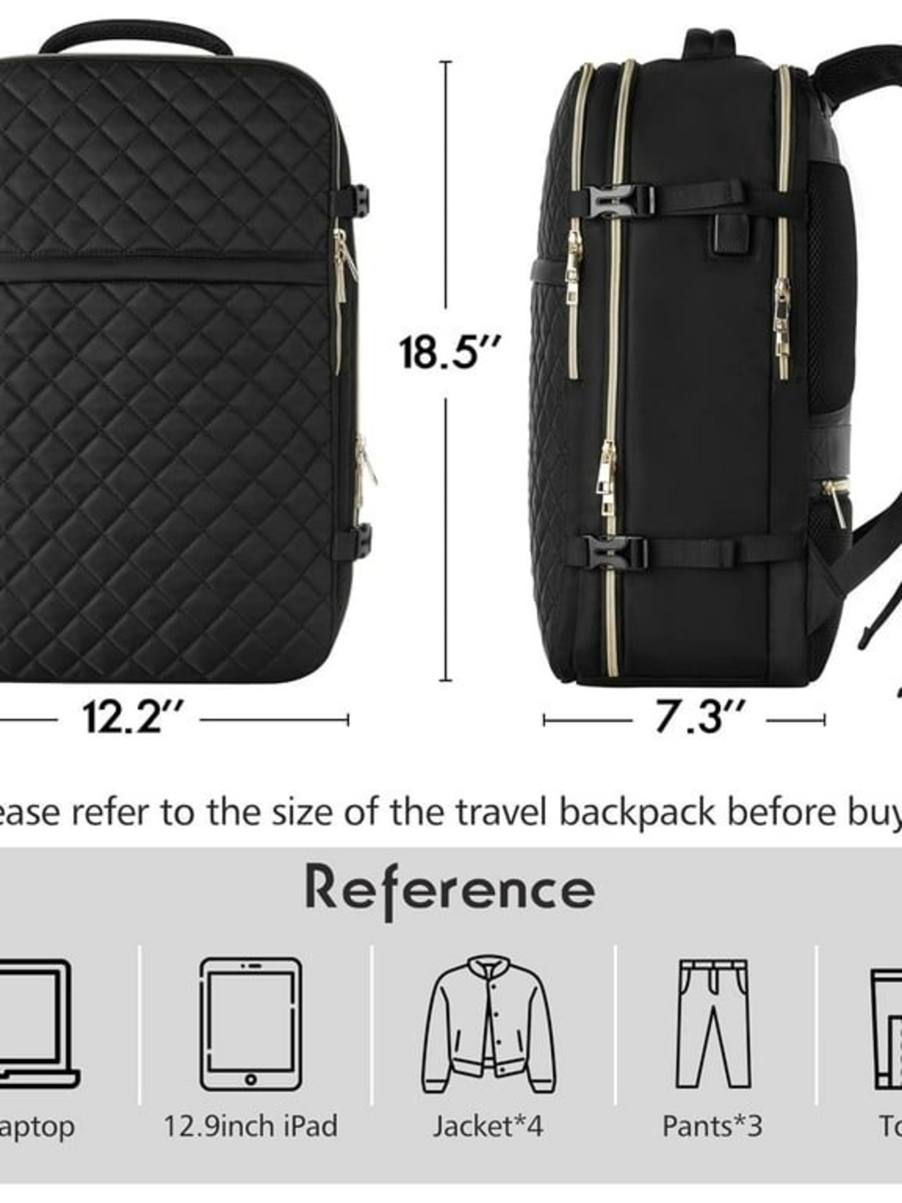 Black Quilted Travel Backpack with Gold Hardware - Women